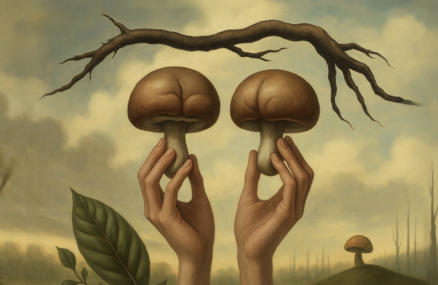 Two hands holding up two mushrooms beneath a bare branch