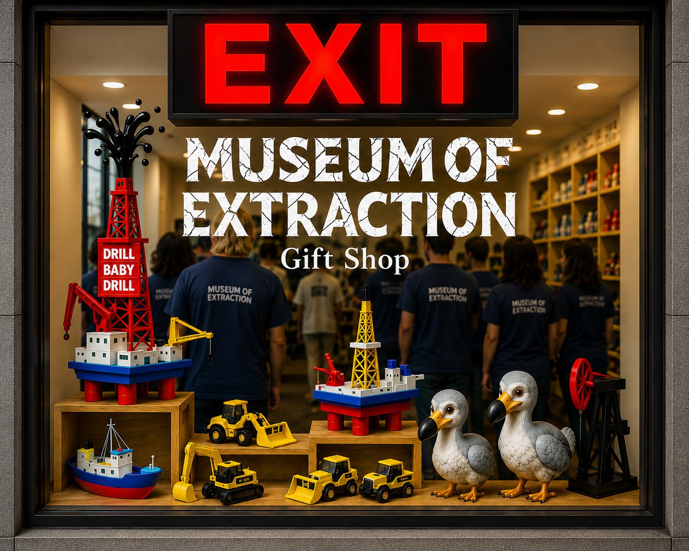 The Museum of Extraction gift shop window, EXIT sign lit above it
